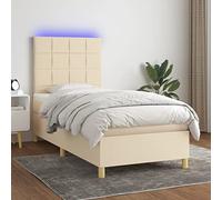 Homgoday Cama Box Spring colchón y Luces LED Tela Crema 100x200 cm Cama Box Spring con Colchón Viscoelástico Espuma Protector Muelles Ensacados Modelo Bloques con Cuadros