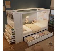 Homgoday Cama Individual 90x200cm con Almacenamiento, 5 Cajones y Escritorio, Cama Infantil con Dosel y Barandilla de Seguridad, de Madera y Aglomerado, Blanca, 240x94x155.5cm