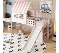 Homgoday Cama Infantil con Tobogán y Almacenamiento, Cama Alta de Madera de Pino para Niños, Litera con Barandilla de Seguridad de 36 cm, Soportes 120 kg, 208x120x218.5 cm