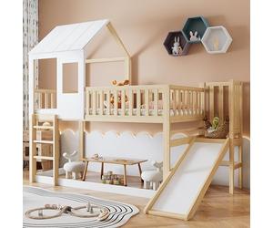 Homgoday Litera con Tobogán y Ventana, Cama Tipo Casita 90x200cm, Madera Natural y Blanca, Estructura sin Somier, Escalera de Tres Peldaños, Segura y Divertida para Niños