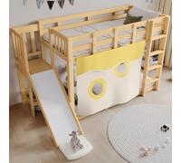 Homgoday Litera Infantil 90x200cm con Tobogán, Cortina y Barandillas de Seguridad, Cama de Madera MDF y Pino, Diseño Práctico para Ahorrar Espacio en Habitaciones de Niños