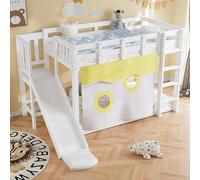 Homgoday Litera Infantil 90x200cm con Tobogán, Cortinas y Barandillas de Seguridad, Cama de Madera MDF y Pino, Diseño Práctico para Ahorrar Espacio en Habitaciones de Niños