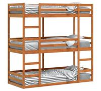 Homgoday Litera triple con protección anticaída y somier, cama individual, cama funcional para niños, color marrón cera, 80 x 200 cm, madera maciza de pino