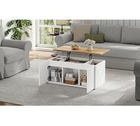 Homgoday Mesa de Centro Elevable Hidráulica 46x95x45cm, Diseño Bicolor Madera y Blanco, con Almacenamiento y Puertas Estriadas, Multifuncional para Sala de Estar, Oficina en Casa