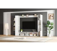 Homgoday Mueble de TV Integrado 228x30x170 cm, Estantería Abierta Multinivel, Armario con Puerta Acrílica, Superficie Brillante para Salón