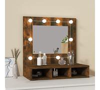 Homgoday Tocador, Mesa de Maquillaje con Espejo y Luces LED con Brillo Ajustable tocador niña con 3 Compartimentos Abiertos tocador de Maquillaje pequeño Moderno,Roble Ahumado