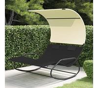 Homgoday Tumbona doble balancín y dosel negro y crema, tumbonas para tomar el sol, sofá cama muebles, tumbonas de jardín, tumbona de piscina, para terraza, exterior, piscina o balcón
