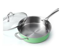 HOMICHEF 24 CM Verde Menta Sartén de Acero Inoxidable sin Níquel con Tapa de Cristal - 2.37 L Sartén Honda No Tóxica para Cocinas de Inducción Apta para Horno