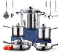 HOMICHEF Juego de utensilios de cocina de acero inoxidable sin níquel de 14 piezas - Ollas y sartenes sin níquel - Juego de utensilios de cocina no tóxicos - Batería de cocina de inducción saludable