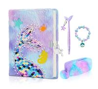 homicozy Diario Secreto Niña con Cerradura, Papelería para Chicas, Cuadernos De Sirenas con Fundas de Peluche, Cuadernos Privados con Bolígrafos y Pulseras de Perlas de Concha Moradas
