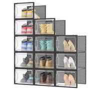 HOMIDEC 12 pcs Cajas de Zapatos,Organizador Zapatos de Plástico Transparente Apilables, Contenedores Organizadores de Zapatos con tapas para Mujeres/Hombres,Negro L