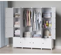 HOMIDEC Armario Modular con Puertas, Armario de Ropa de 16 Compartimentos para Dormitorio, Guardarropa portátil con 3 Barras para Colgar, Blanco