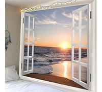 Homiest Tapiz de océano 3D para colgar en la pared, sol, puesta de sol, playa, paisaje, tapiz de ventana para dormitorio, sala de estar, decoración del hogar, 51 x 59 pulgadas