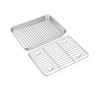 Homikit Bandeja de horno con rejilla de enfriamiento, de acero inoxidable, mini bandeja para horno y rejilla de enfriamiento para hornear, asar, servir, no tóxica, 23,5 x 17,8 x 2,5cm