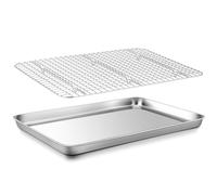 Homikit Bandeja de horno con rejilla de enfriamiento, molde grande de acero inoxidable, bandeja para tartas y rejilla de enfriamiento para hornear, freír, servir, 40,5 x 30,5 x 2,5 cm, fácil de