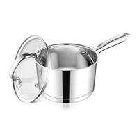 Homikit Cacerola con mango de 16 cm, acero inoxidable, con tapa de cristal, olla de leche de 1,9 l con base de 3 capas para todo tipo de cocinas, apta para cocinar, sin pintar y apta para lavavajillas