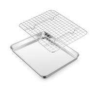 Homikit Juego de bandeja para horno con rejilla de enfriamiento, de acero inoxidable, forma rectangular pequeña y rejilla de enfriamiento para hornear, servir, 26,5 x 20,5 x 2,5 cm, saludable y apta