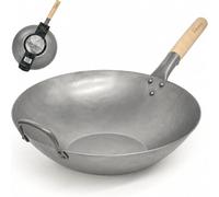 Homira Wok de Acero al Carbono de 36 cm, Martillado a Mano, Fondo Plano y Mango de Madera - Sartén Wok Tradicional sin PFAS para Inducción, Gas, Vitrocerámica, Barbacoa y Exterior (Fondo Plano)