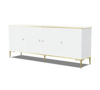 Homlando Petra - Cómoda de 182 cm con 4 puertas, tablero elevado, MDF fresado, moderna para el dormitorio o el salón, patas de metal doradas (blanco mate)