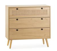 HOMN LIVING Cómoda de Noche Bella 3 cajones Color Roble con ratán Natural, guías metálicas, 80 cm (Ancho) 37,5 cm (Profundo) 77,5 cm (Altura)