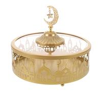 HOMOBABE Bandeja de Postres de Ramadán con Tapa, Hierro Dorado Redonda | Diseño de Luna y Figura Geométrica, Cubierta Transparente Incluida, para Dulces y Galletas, Estilo Oriental Elegante