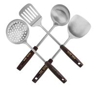 HOMOBABE Utensilios de Cocina Espátula Juego de 4 de Acero Inoxidable con Mango Largo de Madera Cucharón y Espumadera con Diseño Elegante para Cocinar y Freír