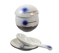 Homoyoyo Cuenco Tapa de Cerámica Azul, 1 Juego, Cuenco para Huevos al Vapor Estilo Japonés, Resistente a Altas Temperaturas, Cuchara Exclusiva