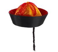 Homoyoyo Sombrero Chino Negro para Disfraz Qing con Trenza de Caballo, Talla 10 Años, Tocado Histórico Oriental para Fiesta y Espectáculo Teatral