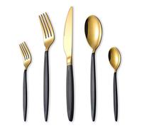 HOMQUEN Juego de cubiertos de 30 piezas de oro negro, acero inoxidable, cucharas de titanio y mango de pintura en aerosol, juego de 6 cubiertos (negro mate con oro brillante)