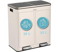 Homra Cubo de basura con pedal de 2 x 30 litros Quickx | Sistema de clasificación selectiva de residuos de 60 litros | Cierre amortiguado | Cubo doble de reciclaje | Acero inoxidable | Blanco crema