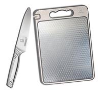 HOMSENT Tabla de Cortar 2 Caras Acero Inoxidable 304 - Set Premium con Cuchillo Chef 8”y App de Recetas IA. Superficie Higiénica No Porosa, Afilador Integrado, Antideslizante. Regalo Ideal Cocina