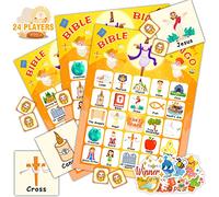 HomSeon Tarjetas de bingo de la Biblia para 24 jugadores, juego de bingo cristiano para niños con calcomanías punny juego religioso cristiano de Jesús para actividades familiares de domingo de iglesia