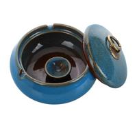 HOMSFOU Cenicero de Cerámica Tapa Azul Antigolpes y Base Antideslizante para Mesa de Oficina y Sala de Estar, Diseño Moderno Ranuras Cómodas para Patio y Restaurante