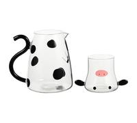 HOMSFOU Juego de Jarra de Agua Fría de Vidrio 550 Ml Tetera y Vaso de Dibujos Animados en Forma de Vaca, Tetera para Jugo, Leche y Té Fría para Hogar y Oficina