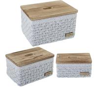 Homstart Set de 3 Cajas Almacenamiento Tela Blanca con Tapa Madera 35x21x26 cm