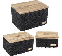 Homstart Set de 3 Cajas Almacenamiento Tela Negra con Tapa Madera 35x21x26 cm