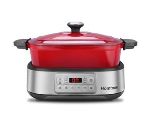Homtone Cacerola 6 en 1 Slow Cooker, 5,5 l, programable, esmaltada extraíble, revestimiento de cerámica, cocción lenta, dora, cocción al vapor con rejilla de vapor, color rojo