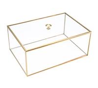 Homtone Caja de cristal vintage de cobre de 33 cm con cubierta, organizador de exhibición de joyas decorativas, rectángulo transparente, caja dorada para decoración de bodas con tapa abierta, 33,2 x