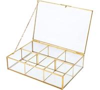 Homtone Caja de vidrio vintage de cobre, caja de recuerdo, organizador de joyas y expositor de colección de encimera, caja decorativa de vidrio transparente y latón (6 compartimentos)