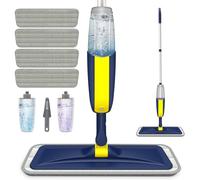HOMTOYOU Mopa con Spray para Limpiar Suelos: mopa Plana y Seca con pulverizador para Azulejos de Madera Dura, Vinilo Laminado, 4 Almohadillas Lavables de Microfibra para la Cocina del hogar