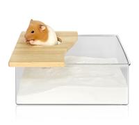 HOMURY 1 unidad de baño de arena para hámster: caja de baño acrílica para hámster, accesorios para hámster con media cubierta de madera maciza, inodoro para chinchilla, osos dorados, Gerbil