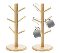HOMURY 2 soportes para tazas de madera de bambú con 6 ganchos, portavasos de árbol, soporte para pretzel, soporte para árbol de tazas, organizador de accesorios, estante para mostrador de cocina, mesa