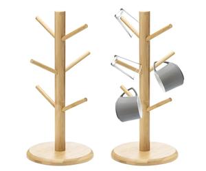 HOMURY 2 soportes para tazas de madera de bambú con 6 ganchos, portavasos de árbol, soporte para pretzel, soporte para árbol de tazas, organizador de accesorios, estante para mostrador de cocina, mesa