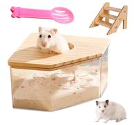 HOMURY Cuarto de baño de arena acrílico transparente para hámsters, hámsters, caja de arena con escalera y cubierta de madera natural y pala, caja de arena para hámsters, jerbos (triángulo)