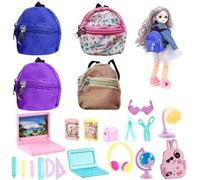 HOMURY Mini Mochilas y Accesorios para Casa de Muñecas - 4 Mochilas Escolares Pequeñas y 18 Accesorios en Miniatura - Set de Útiles Escolares