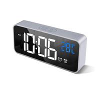 HOMVILLA Reloj Despertador Digital con Pantalla LED de Temperatura, Alarma de Espejo Portátil con Alarma Doble Tiempo de Repetición 4 Niveles de Brillo Regulable 10 Música Despertadores Digitales