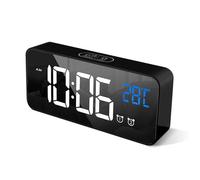 HOMVILLA Reloj Despertador Digital con Pantalla LED de Temperatura, Alarma de Espejo Portátil con Alarma Doble Tiempo de Repetición 4 Niveles de Brillo Regulable 10 Música Despertadores Digitales