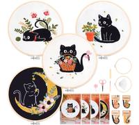Homwiz 4 Kit Bordado Principiantes, Bordar Kit Adultos, Gato de Freya | 2 Bastidor Bambú, Hilos Colores, Instruccion, Embroidery Kit, 4 piezas kit de Bordado Completo para Manualidades DIY