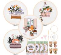 Homwiz 4 Kit Bordado Principiantes, Bordar Kit Adultos, Gato Perezoso | 2 Bastidor Bambú, Hilos Colores, Instruccion, Embroidery Kit, 4 piezas kit de Bordado Completo para Manualidades DIY