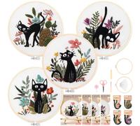 Homwiz 4 Kit Bordado Principiantes, Bordar Kit Adultos, Michis en Flor | 2 Bastidor Bambú, Hilos Colores, Instruccion, Embroidery Kit, 4 piezas kit de Bordado Completo para Manualidades DIY